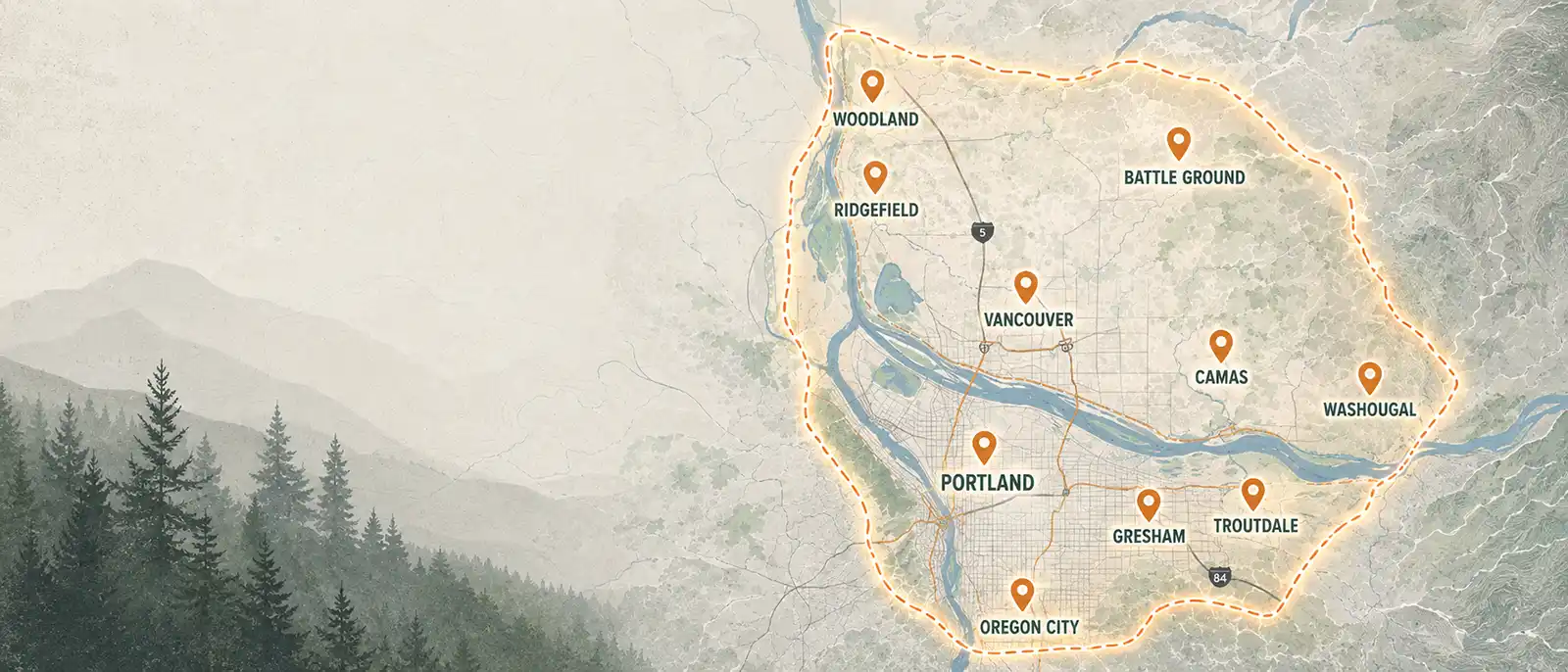 Map highlighting key locations in the Pacific Northwest, including Portland and Vancouver, with marked points of interest.