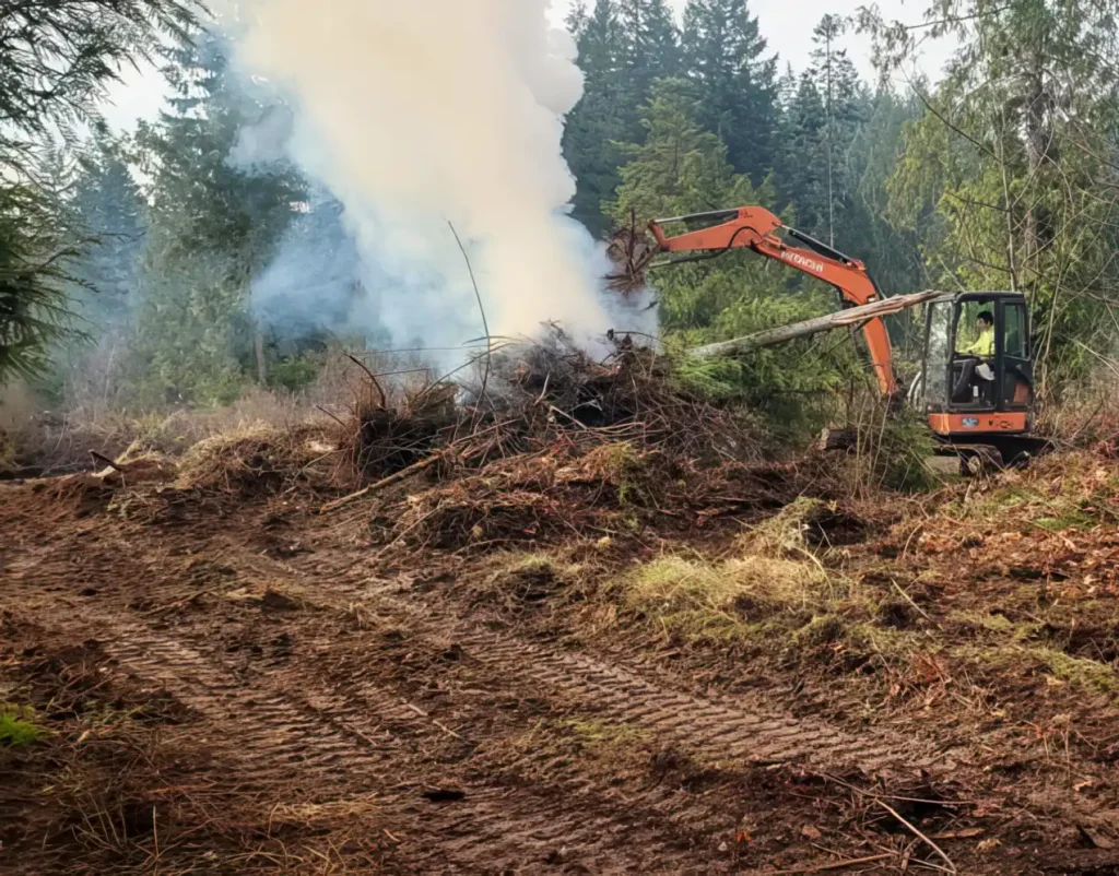 Excavator clearing land with smoke rising from a pile of debris in a forested area.