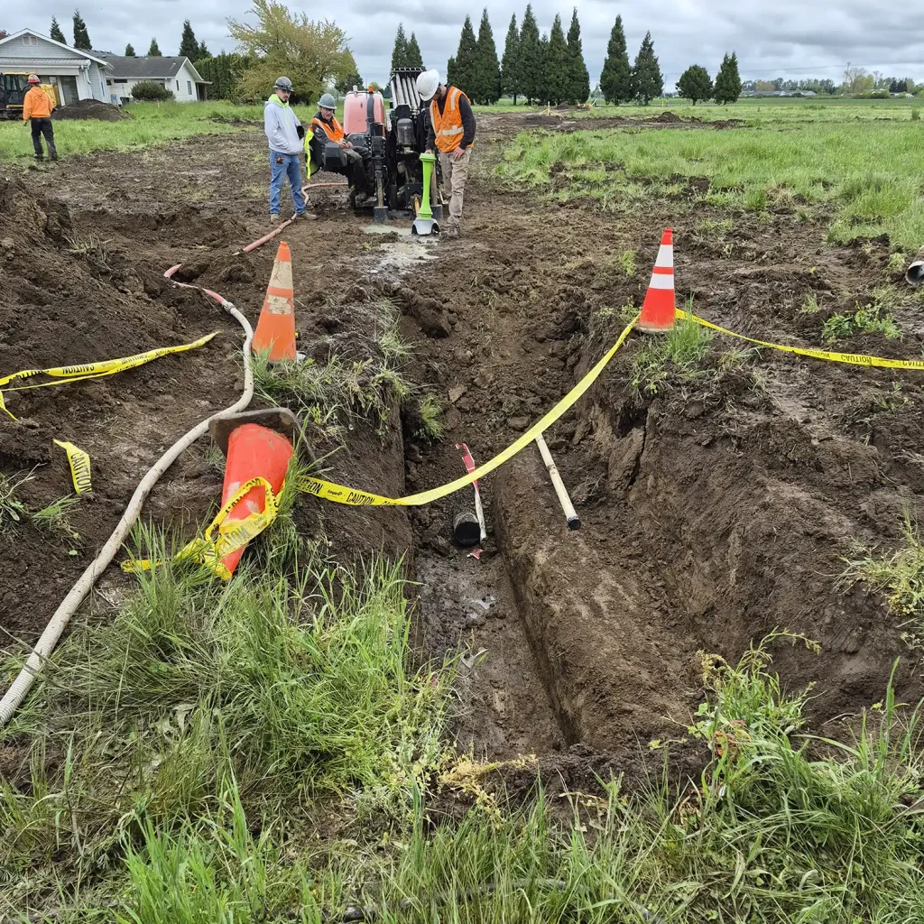 Workers in safety vests repair a trench with traffic cones and caution tape in a grassy field.